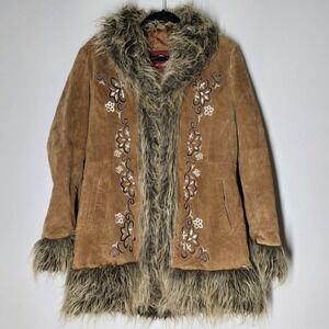 Vintage Y2K Penny Lane Boho Luxe Floral Embroidered Leather Faux Fur Coat Sz L